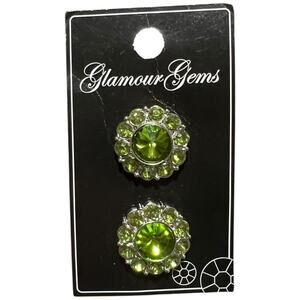 Glamour Gems Green Crystal Flower Buttons 7 8 in Silver Tone NWT